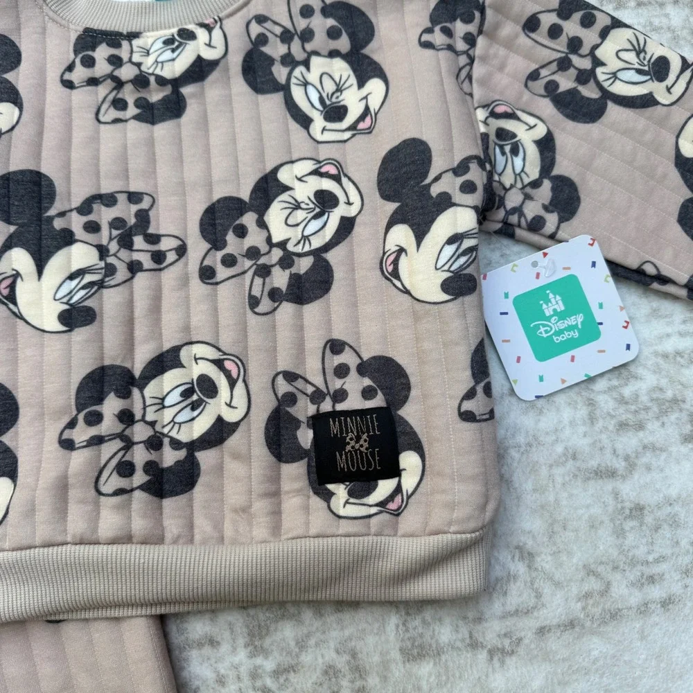 Disney Baby Minnie Mouse 2-Piece Quilted Set 24M Tan Black Sweatshirt Joggers